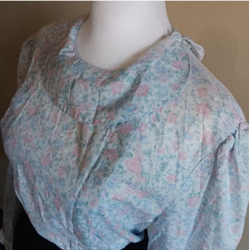 Vintage Floral Pleated Prairie Cottagecore Blouse Approx Size XL, Pink Blue - Picture 3 of 8